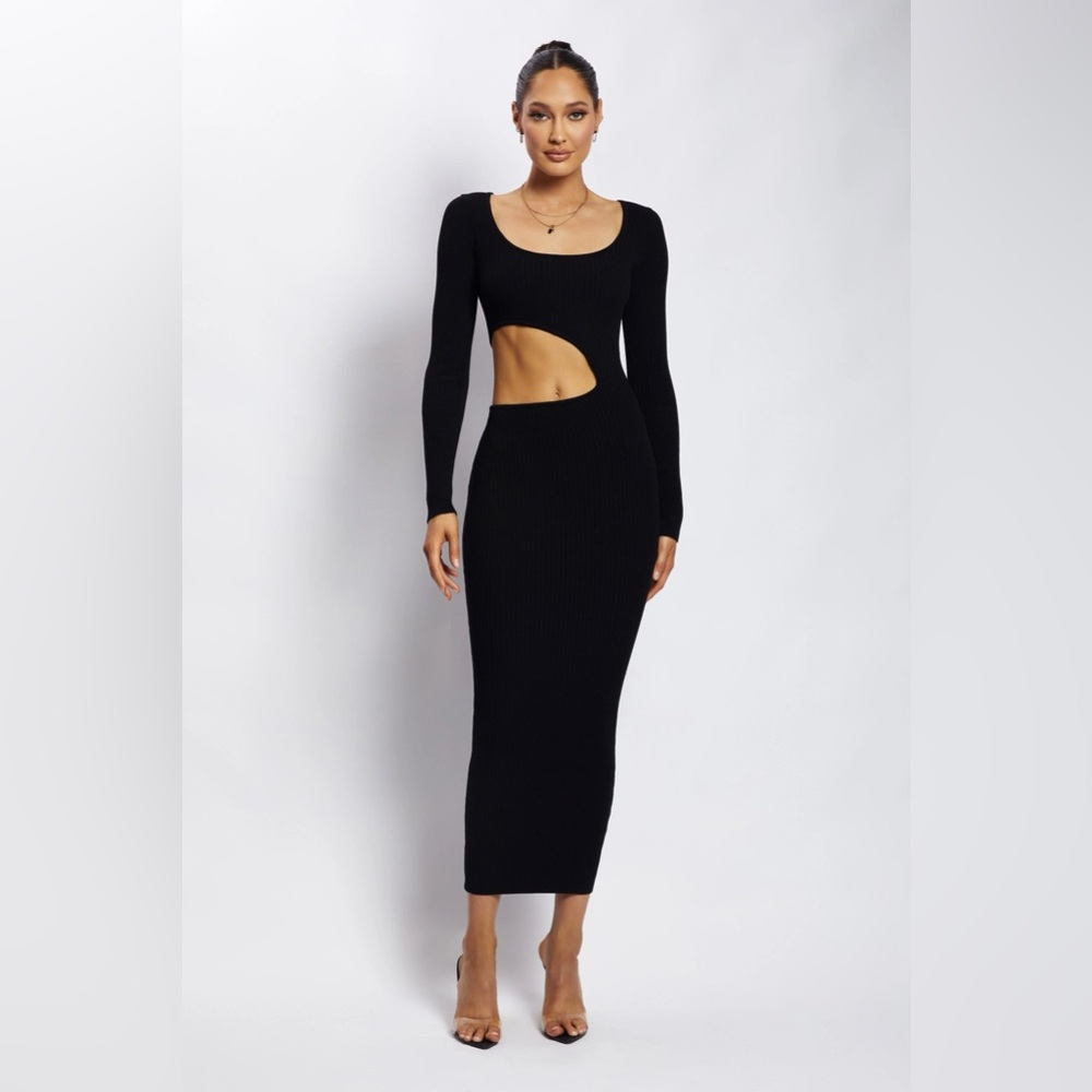 Meshki Black Cutout Ribbed Long Sleeve Midi Dress